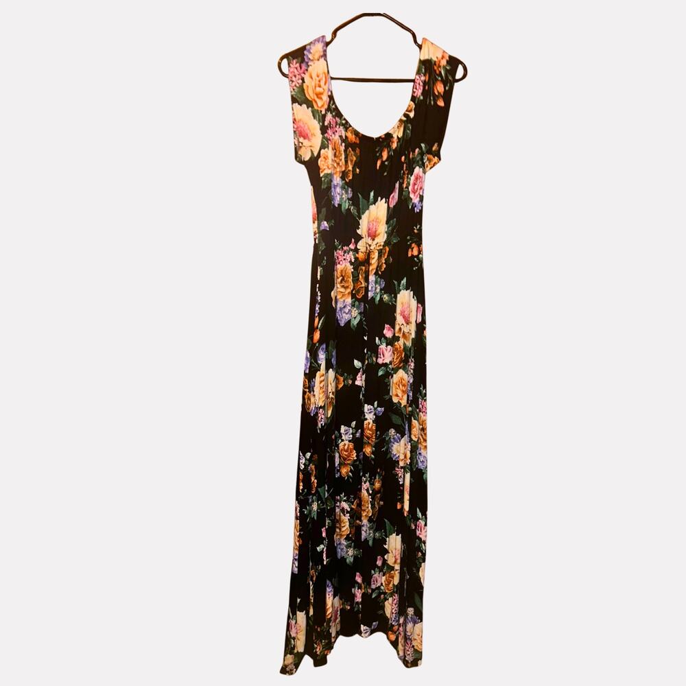 IRIS Dress with Shorts Floral Maxi Overlay Romper Medium Black Boho Cottagecore